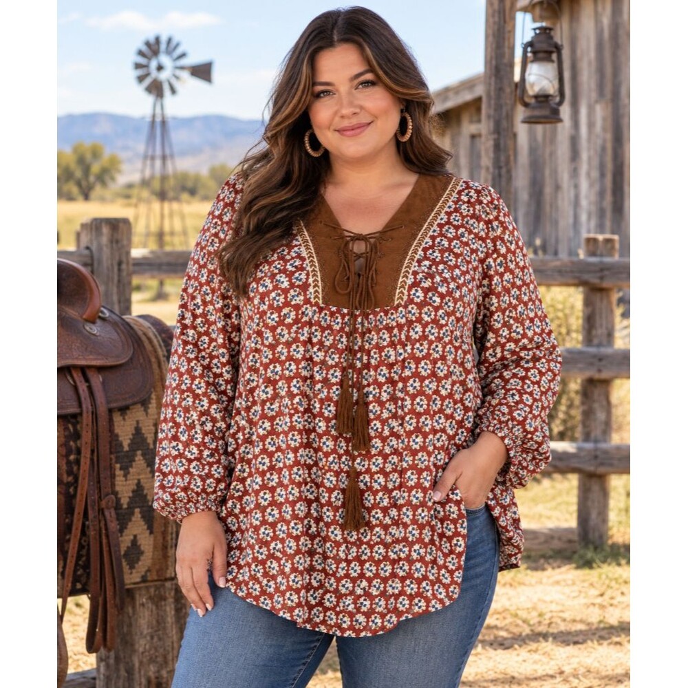 Wrangler Boho Peasant Blouse XXL Brown Faux Suede Lace Up Tassel Western Prairie